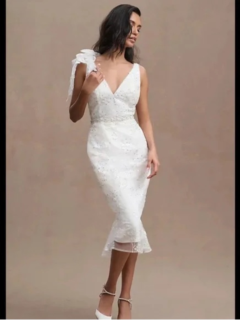 MAC DUGGAL Ivory Floral Embellished V-neck Midi Dress with Shoulder Bow